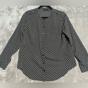 Apt 9 Button Down Top Blouse Top WomenPetite Large Black Geometric Office Career